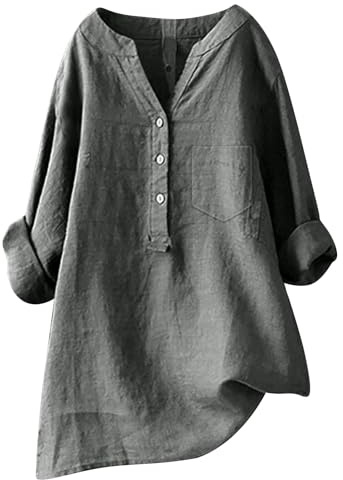 WVONIF Chemisier Femme en Coton Lin Chic Sexy Long Baggy Chemise à Manche Longue Décontracté Blouse Ample Printemps Eté Tunique Femme Col V Oversize Top Haut Vetement de Travail, 4XL