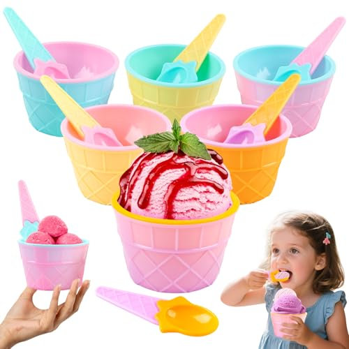 Shyllin 6er-Pack Wiederverwendbare Eisbecher Kinder, Eisbecher mit Löffeln, Waffelform-Design, Eis Schalen für Kinder und Erwachsene, geeignet zum Servieren von Eis, Desserts und Snacks