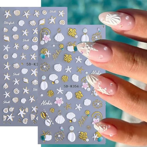 CharmeFleur 5D Sticker de Uñas en Relieve de Playa 2 Unidades Pegatinas de Uñas de Mar Blanca Doradas Caracola Estrella de Mar Concha Diseño de Uñas de Verano Adhesivas Accesorios de Arte de Uñas