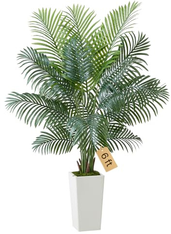 VEVOR Artificial Areca Palm Tree 1829 mm, Fake Palm Tropical Plants with White Tall Planter, Faux Floor Silk Plant in Pot, Large Trees for Home Office Living Room Decor House Warming, Indoor Outdoor