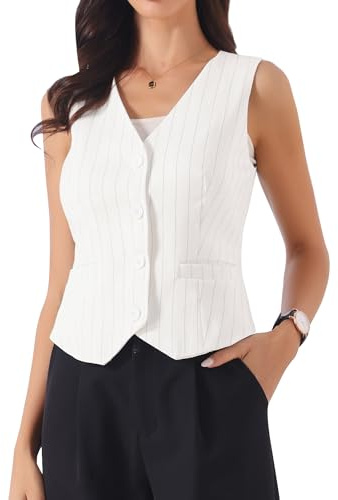 Blazer sans Manches Femme Rayé Gilet de Costume Col en V | Tissu Doublé Style Habillé avec Poches Boutonné sur le Devant