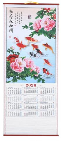 Ciieeo 2026 Year of The Horse Wall Calendar, Chinese Lunar New Year Hanging Planner with Koi Pattern, Imitation Rattan Scroll for Home Office Decor, Oriental Zodiac Wall Art, 76x31cm