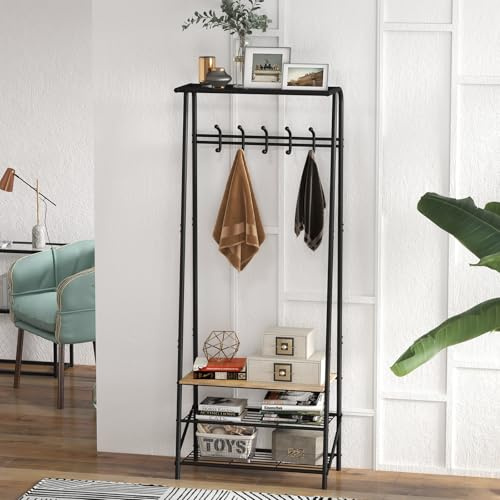 Aptliton 70 Coat and Shoe Rack with Single Clothes Row & 5 Hooks, Wood and Metal Frame Coat Stand with Shoe Storage Bench for Bedroom, Bathroom, Hallway, Entrance, Natural Board