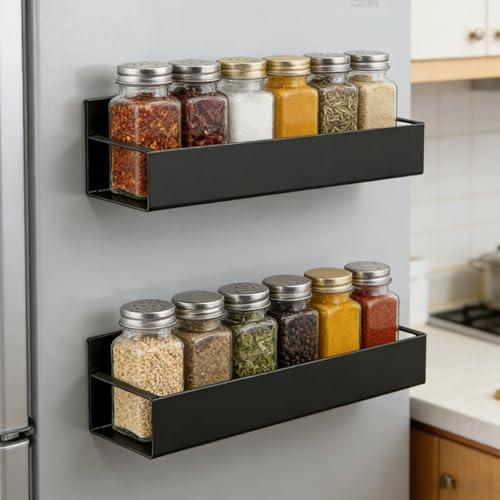 Euablfo 4 Pezzi Portaspezie Magnetico,Set Scaffali Magnetici per Frigorifer,Mensole Cucina,Forte Mensola Magnetica,Organizer Salvaspazio, per Cucina, Spezie Conservazione