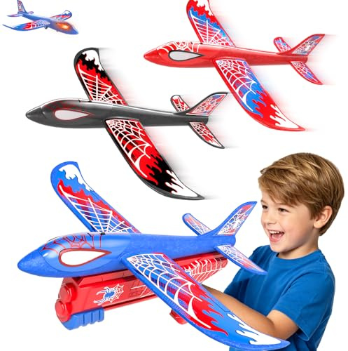 Doloowee Boys Toys for 3 4 5 6 Years Old, 3 Foam Glider Planes with Launcher, 2 flight mode, Outdoor Garden Toys with Light, Kids Gift 3 4 5 6 7 8 Years Old