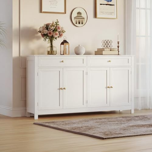 Warmiehomy Sideboard Kitchen Sideboard Storage Cabinet Kitchen Buffet Cabinet with 4 Doors 2 Drawers Adjustable Shelves Side Board Furniture for Living Room Dining Room 140 * 40 * 89cm（White）