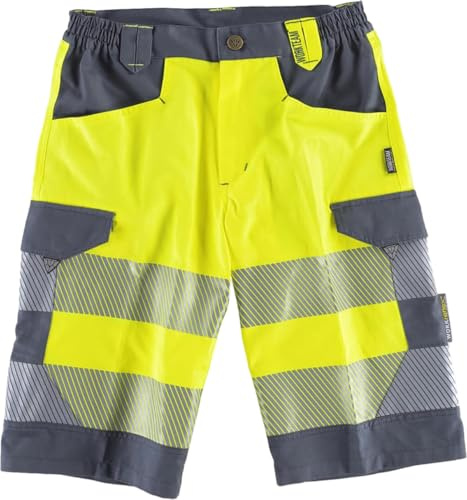 WORKTEAM Pantalón Corto de Trabajo de Alta Visibilidad EN 20471, Multibolsillos, Combinado con Cintas Reflectantes Discontinuas y Cintas Decorativas, Bermuda Trabajo. Unisex Amarillo A.V.+Gris L