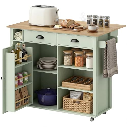 HOMCOM Isla de Cocina con Tablero Plegable 117,5x70x91 cm Verde Claro | Carrito de Cocina con Ruedas, Estantes en la Puerta, Toallero, Armario, 2 Cajones, Estantes Abiertos