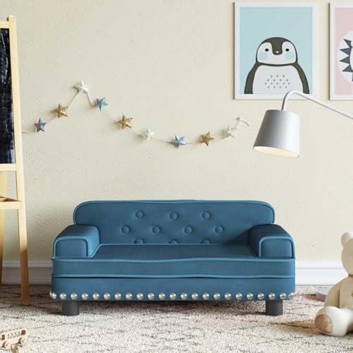 Runheo Barnsoffa blå 70 x 45 x 30 cm sammet med massiv furu, vadderad för barnrum, platsbesparande och säker, lämplig för 3–6 år, bekväma babymöbler med stabil sittkomfort