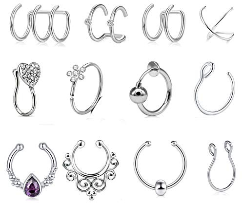 Mayhoop - Finto piercing per naso, setto nasale, in acciaio chirurgico, con zirconia cubica trasparente, finto piercing per labbro, orecchio, naso, setto, anello non piercing, per donne e uomini