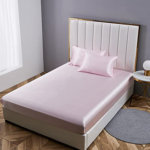 Damier Spannbettlaken 100x200cm Rosa Satin Seide Glänzend Bettlaken Hochwertiges Deluxe Unifarben Spannbetttuch, geeignet für Matratzen bis 30cm