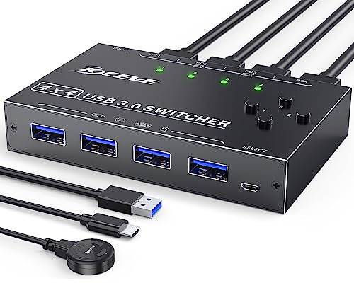 USB 3.0 Switch 4 PC,MLEEDA USB Switch 4 In 4 Out,USB KVM Umschalter für Tastatur Maus Drucker,mit kabelgebundener Fernbedienung und 4 USB 3.0-Kabel