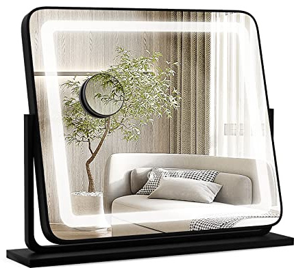 COSTWAY Espejo Maquillaje de Luz Led, Espejo Tocador con 3 Modos de Iluminación de Color, Espejo con Luz, Pantalla de Control Táctil y Rotación de 360°, 50 x 44cm