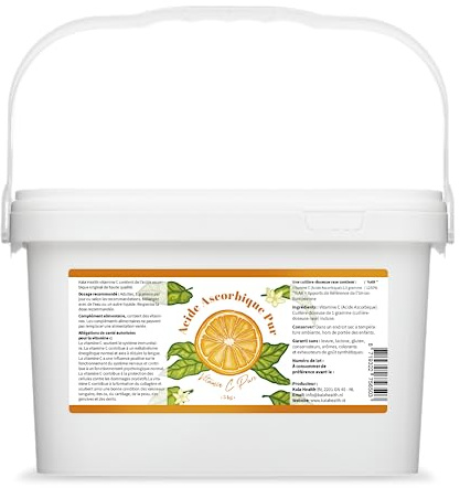Kala Health - Vitamine C Pure 5 kg - Poudre de vitamine C - Acide ascorbique pur - Fourniture de 5000 jours x 1000 mg dosage élevé - Avec cuillère-doseuse - Végétalien - Qualité premium