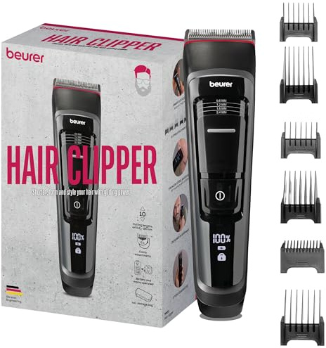 Beurer MN5X Haarschneidemaschine, für einen professionellen und schnellen Haarschnitt,6 hochwertige Edelstahlklingen für individuelles Styling, 4-stufige Feineinstellung, Haarschneider Herren mit Akku