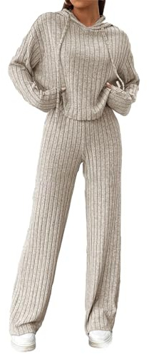 Caziffer Women 2 Piece Spring Outfits Solid Color Ribbed Knitted Hoodie and Wide Legs Pants Set Loungewear Nightwear Sleepwear Homewear Aesthetic Sets Tracksuit (Champagne, L)