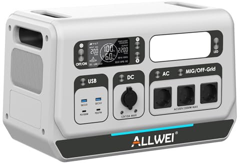 ALLWEI Balkonkraftwerk mit Speicher, 2048Wh LiFePO4 Powerstation Grid All-in-one Gerät, 2200W Ausgang, Eingebauter 800W micro Wechselrichter, 1200W Solar Eingang, App-Steuerung, Wifi, Plug & Play