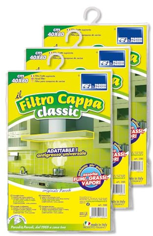 PARODI & PARODI - Filtro Cappa Cucina Classic, Kit 3 Pezzi, Filtri Aspiranti Assorbi Fumi, Grassi e Vapori Ritagliabili in Polietilene, Universale per Tutte le Cappe, Accessori Cucina Misura 40x80 cm
