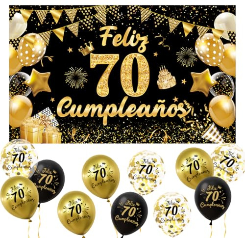 Decoración 70 Cumpleaños Español, Pancarta Feliz 70 Cumpleaños + 15 Globos, Banderola de Feliz 70 Años,Decoracion 70 Cumpleanos Chica chico, Kit Decoracion Fotos para Fiestas en Oro