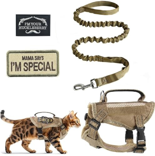 ZHHSUNY Kattsele, med handtag Anti Flykt Säker Kattsele för Små Katter, Justerbar Andningsbar Kattkragar och Kattungelkoppel, med Reflekterande Broderade Emblem Kattsele och Koppel Set (Khaki, S)