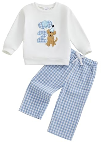 Toddler Boys 1st/2nd/3rd Birthday Outfits Long Sleeve Number Dog Embroidery Sweatshirts Pullover Tops and Elastic Waist Plaid Pants 2Pcs Baby Boy First Birthday Outfit (White Two, 2-3 Years)