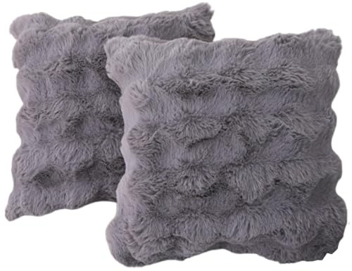 Emilie-Textil Kunstfell Sofakissenbezug 2er Set, Langhaarige Vorderseite & Kurzfell Rückseite, Oeko-TEX (Silbergrau, 40X40cm, 2Stück)
