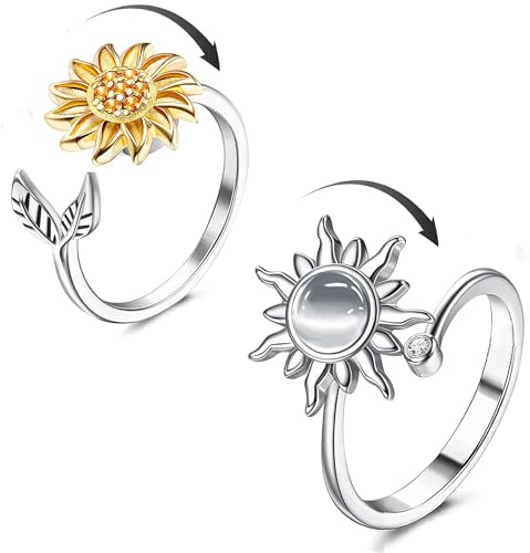 KRFY 2 Pezzi Anello Antistress Donna Argento Fidget Spinner Anello Regolabile Donna Girasole Sole Fidget Anelli per Digitopressione Set di Anelli Antistress a Rotazione Aperta Regali con Scatola