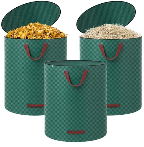 3x Sacchi per Rifiuti da Giardino 272L con Manici, Sacchi Giardinaggio Grandi, Raccogli Foglie da Giardino, Pieghevoli, Antistrappo e Impermeabili, Borsa per Trasporto Giardino, Sacchi Rifiuti Grandi
