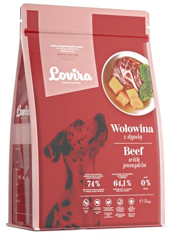 Lovira - Torrfoder för hundar - Hundtorrfoder - Spannmålsfritt, med hög kötthalt 50% nötkött - med pumpa, örter & grönsaker - Sensitivt hundtorrfoder - Vuxna hundar - 3 kg