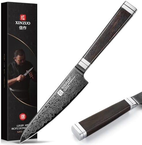XINZUO 13,5cm Coltello Universale da Cucina -67 Strati in Acciaio Damasco Coltello Multiuso -Tagliente Professionale Forgiata Spelucchino 12Cr18MoV Acciaio -Manico in Legno di Ebano