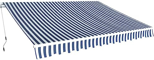 QJBSAVVA Tenda da sole con braccio articolato, 350 x 250 cm, tenda da sole per terrazza e balcone, con manovella a sinistra, strisce blu e bianche, robusto telaio in alluminio con supporti da parete