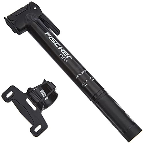 FISCHER 85581 Fahrrad Mini-Pumpe | T-Griff | hohe Pumpleistung | mit Doppelkopf | Schnellverschluss | inkl. Rahmenhalter | schwarz