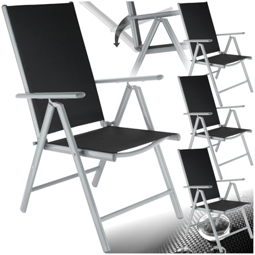 tectake® Chaise de Jardin Pliable 67 x 56 x 105 cm, Lot de 4, Dossier inclinable en 7 Positions, Résistante aux intempéries, Chaise extérieure Aluminium, Siège Jardin, Noir/Gris
