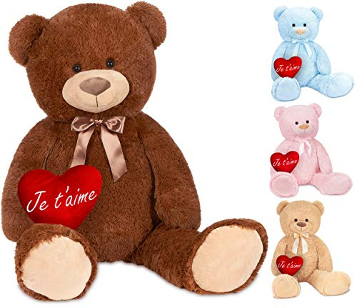 BRUBAKER XXL Teddybär 100 cm Braun mit einem Je T'Aime Herz Stofftier Plüschtier Kuscheltier