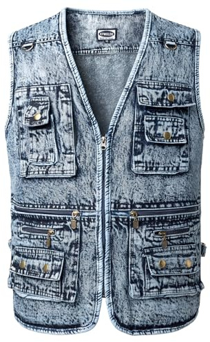 KTWOLEN Gilet en Jeans pour Homme Vintage Multi-poches Gilet de Motard Veste en Jean Sans Manches Rétro Veste Denim Gilet de Pêche Travail Chasse, Bleu clair, XL