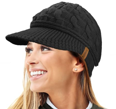 TOSKATOK Ladies Peaked Cable Knit Warm R80 Teddy Fleece Lined Beanie Winter Hat Cap-Black