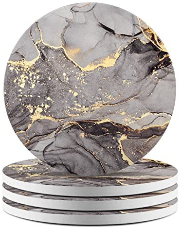 HAOCOO Coasters Set of 4, Absorbent Stone Coaster Set, Round Coasters for Drink, Non-Slip Cork Base with Ceramic Stone, Suitable for Kinds of Cups (Lilac grey)
