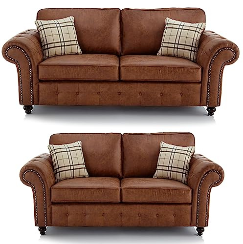 Furnishings For Less UK New Oakland Charcoal Leather Sofa Suite 3 Seater and 2 Seater Chesterfield Vintage Country Design (Sofa Suite (3 Seater + 2 Seater), Tan)