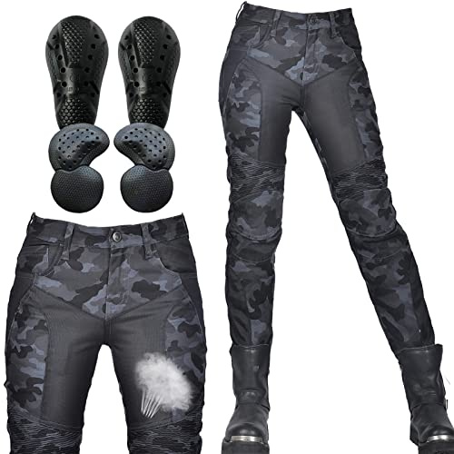 SHUOJIA Pantalones vaqueros de moto para mujer, pantalones vaqueros de camuflaje con malla transpirable y protectores extraíbles de cadera y rodilla (Blue,XXS)