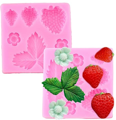 2 Pcs 3D Strawberry and Flowers Silicone Mold for DIY Chocolate Gum Paste Handmade Ice Cream Crystal Cupcake Cake Topper Decor Ice Cube Candy Jelly Shots Fondant Mold Pudding Soap Mould Desserts