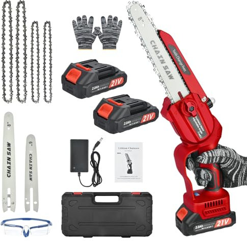 Mini Motosega con Bbatteria 2 x 2000 mAh – 6 & 8 Pollici 2 in 1 Batteria Elettrica 2 in 1 con Olio automatico – Singola Mano Motosega Elettrica per Alberi Giardini Potatura Taglio Legno