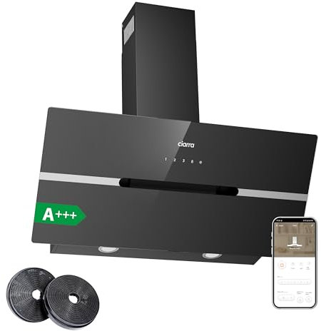 CIARRA AWB9736F A+++ Dunstabzugshaube 90cm Umluft Kopffreie Schräghaube 650m³/h automatisch Glasplatte Touch-Bedienung Booster Abluft mit CBCF003 Aktivkohlefilter 4 Stufen Schwarz