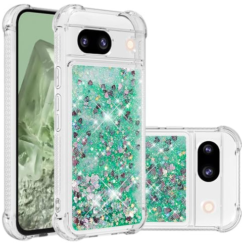IMIRST telefonfodral kompatibelt med Google Pixel 7a Bling flytande glitter silikonskal stötsäkert Kawaii airbag skyddande fodral för Google Pixel 7a. YBW kärlek grön