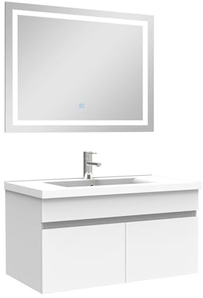 AICA Ensemble Meuble Salle de Bain 80cm Blanc Simple Vasque + Miroir Lumineux 3 Couleurs + dimmable
