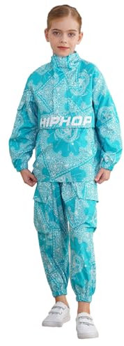 Jugaoge Mädchen Sportanzug Chino Cargo Stil Trainingsanzug Langarm Jacke Stehkragen Shirt mit Print + Cargo Hose mit Taschen Hip Hop Street Dance Outfits Blau 146-152