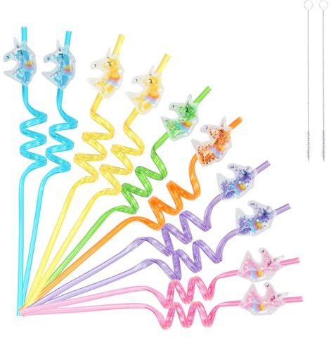 Pajitas Reutilizables Niños, 10 Piezas Pajitas Unicornios + 2 Cepillos Pajita, Pajita Plástico de Colores, Straws en Espiral para Fiestas de Cumpleaños Infantiles, Reuniones Familiares