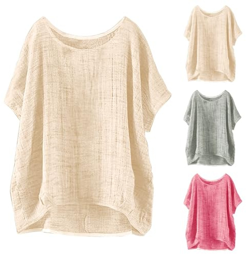 Muslin blus damer överdimensionerad kortärmad t-shirt stora storlekar linneblus lätt och luftiga toppar linne sommarskjortor lösa lediga t-shirts strand linneskjorta elegant blusskjorta