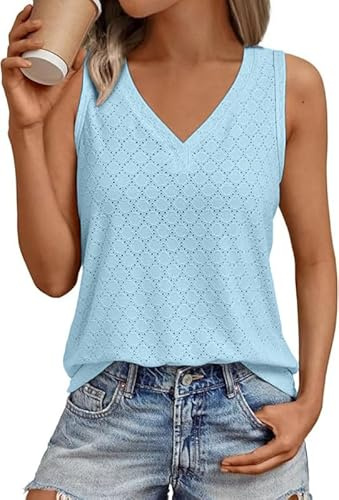 Sukuglam Débardeurs Femme Ete Haut Chic et Elegant sans Manches Col en V Débardeur Aéré Broderie à Œillets Blouse Élastique Lâche Longue Shirt Couleur Unie Boho Tank Tops Décontracté Camisole