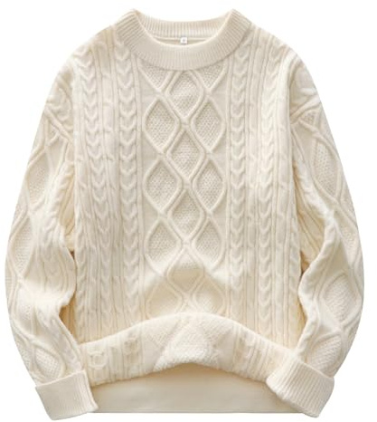 ANRABESS Women Oversized Chunky Cable Knitted Vintage Sweater 2025 Fall Winter Outfits Beige Small