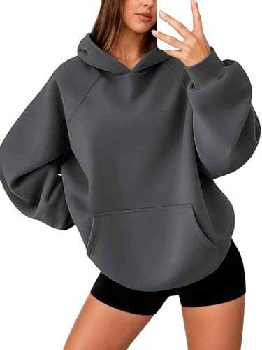 Oyamiki Women Hoodies Fall Y2k Dark Grey Hoodie Oversized Casual Sweatshirt Comfy Fleece Lined Hooded Plain Sweaters S